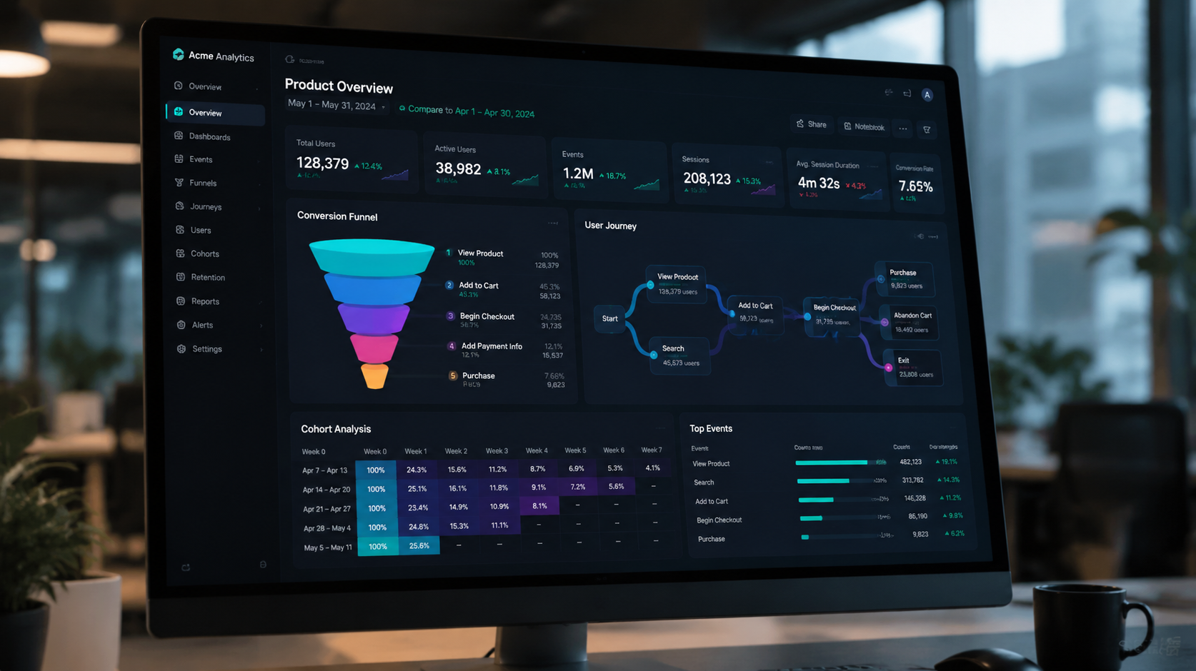 Amplitude product analytics dashboard with funnels and cohorts