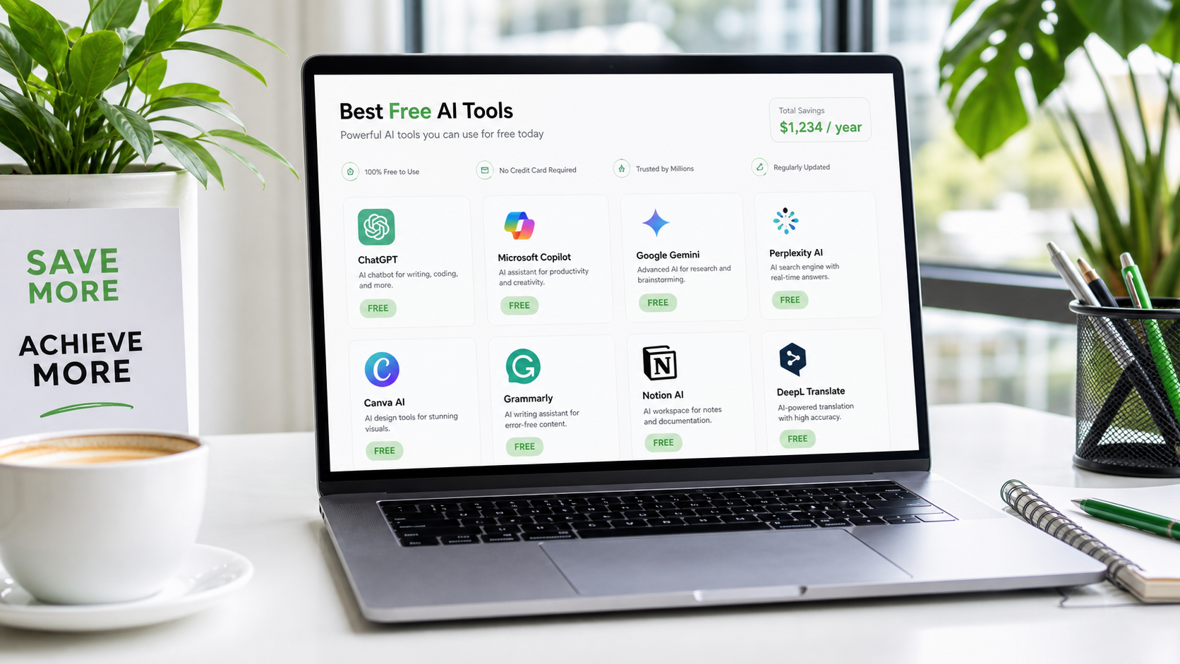 Best free AI tools 2026 with green sparkles and floating tool icons