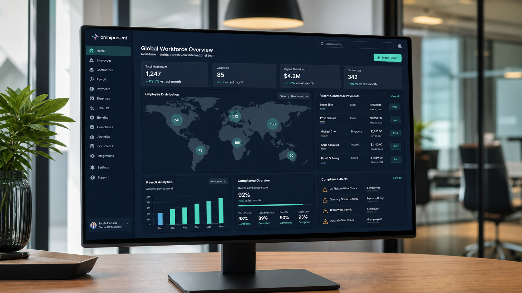 Deel global payroll and HR platform dashboard with world map