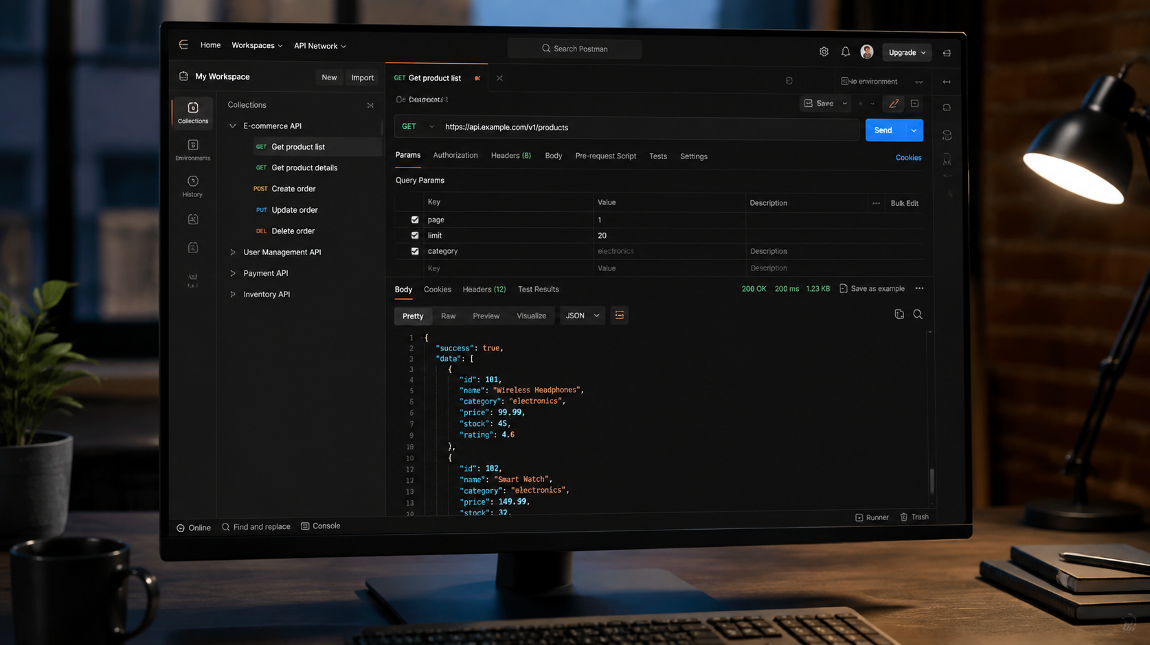 Postman API development platform request builder interface